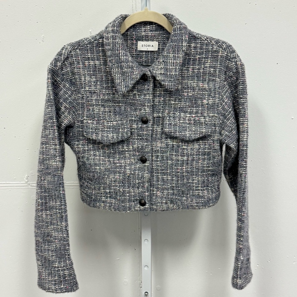 Boutique Storia Tweed Like Cropped Button Jacket Top Dusty Gray Small